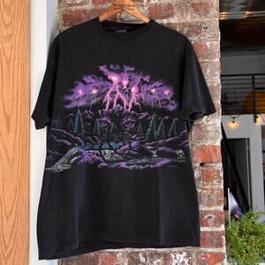 Vintage 90s Black & Purple Habitat Wolf T Shirt. Lightning Size Small